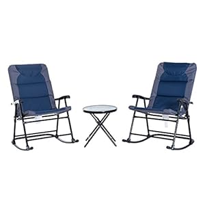 Outsunny 3 Piece Outdoor Patio Furniture Set with Glass Coffee Table & 2 Folding Padded Rocking Chairs, Bistro Style for Porch, Camping, Balcony, Navy Blue