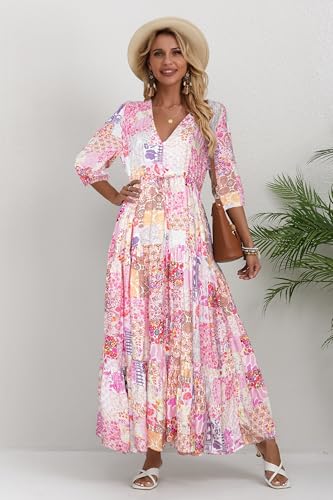 Image of Women Short Sleeve V Neck Floral Print Casual Bohemian Maxi Dresses