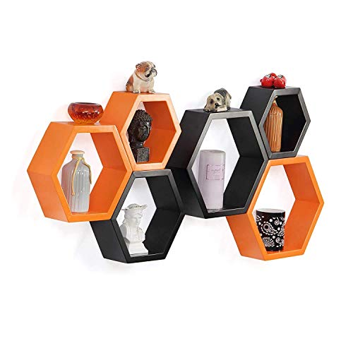 Image of BAS Vampire Brown Art Shoppee Decorative Display with Hexagon Shape Set of 6 Floating Wall Shelves and Racks for Living Room (Black & Orange)