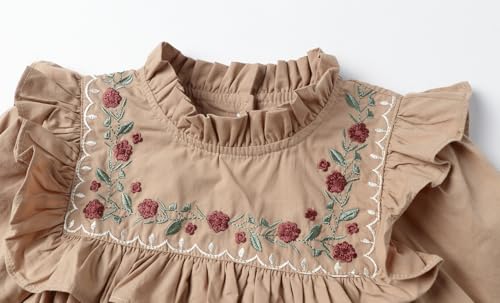 LittleSpring Girls Long Sleeve Dress with Stand Collar Floral Embroidery3