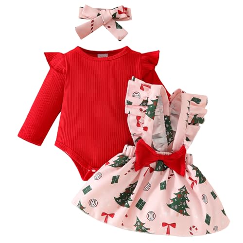 Image of Afunbaby Baby Girl Christmas Outfit Santa Suspender Romper Skirt Christmas Dress with Headband Newborn Fall Winter Clothes