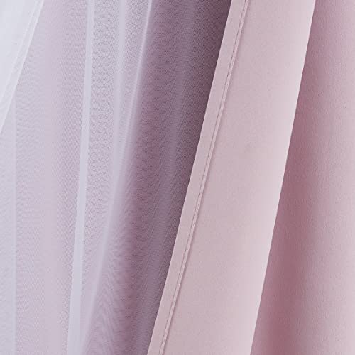 Image of Bujasso Pink Blackout Curtains with Sheer Overlay Mix and Match Double Layer 80% Room Darkening Window Treatment Set for Girls Bedroom Living Room Pink Drapes with Tiebacks Grommet Top 54 inch Wx63 Lx2