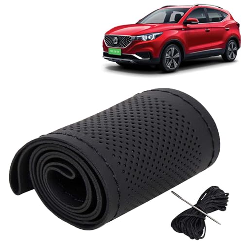Image of KINGSWAY PU Leatherite Car Steering Cover Sewable Compatible with Morris Garages (MG) ZS EV (Year 2020 Onwards), Black Color with Black Thread, Pack of 1 with Sewing Needle and Thread