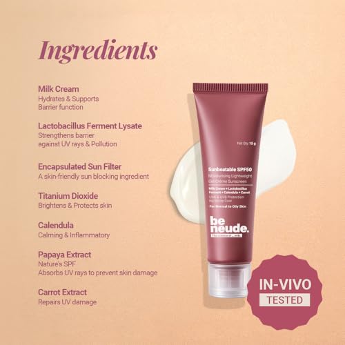 Image of Be Neude Sunbeatable 15ml Gel Creme Sunscreen SPF 50 PA++++ with 3 SPF Boosters & Molecular Milk, Complete UVA+UVB Protection with No White Cast, Oily Skin Friendly