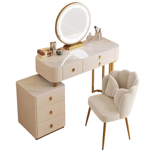 Tocador con iluminación LED con espejo, 3 colores, escritorio de maquillaje con cajones, elegante tocador para dormitorio, estación de maquillaje iluminada HD