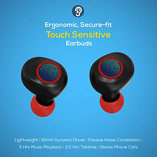 Image of pTron Bassbuds Jets True Wireless Bluetooth 5.0 Headphones with Deep Bass, Touch Control Earbuds, IPX4 Sweat /Splash Resistant, Voice Assistant, Built-in Mic & Digital Display Case - (Black & Red)