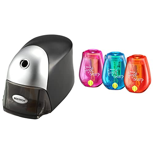 BOSTITCH QuietSharp Executive Heavy Duty Electric Pencil Sharpener Black (EPS8HD-BLK) & Bostich Office Twist-N-Sharp Manual Pencil Sharpener, Colored-Pencil Compatible, Single Hole, 3-Pack