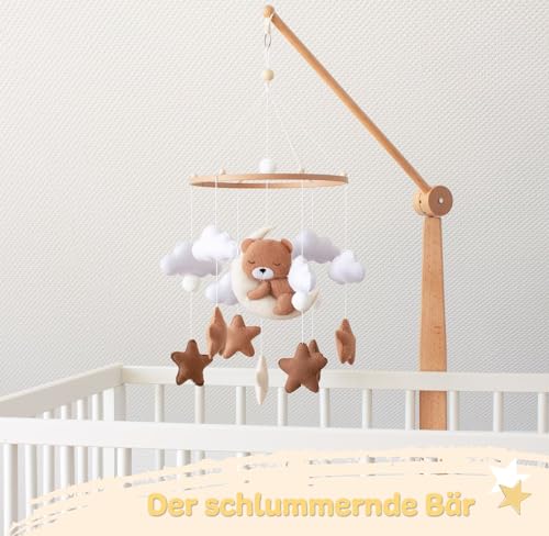 Baby mobile schlummernder Bär – Baby Mobiles mit Holzring und süßen Tierchen – Perfektes Mobile für Babybetten oder als Babyzimmer Deko.