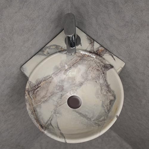Image of REMOTION Wall Mounted Wash Basin for Bathroom | Wall Hung Corner Sink | Ceramic Round Wall Hung Wash Basin | Wall Hung Small Corner Basin (16.3 x 13.8 x 4.3 Inch) (Designer Beige Grey)