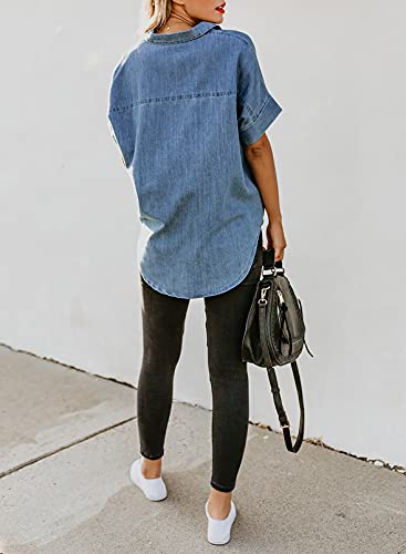 Astylish Womens Plus Size Short Sleeve Solid Color V Neck Button Down Shirts Sky Blue X-Large #TOP3