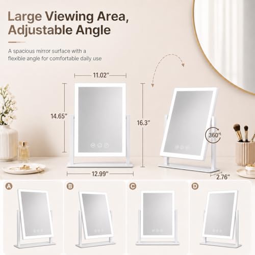 Image of ROLOVE 16 inchx13 inch Vanity Mirror with Lights, Three Colors Lighting Mode, 360Rotation, Lighted Makeup Mirror wih Stand for Desk, Bedroom, Dorm, Gifts for Women