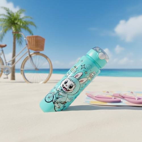Image of Cartoon Printed Plastic Water Bottle for Kids Leak Proof Flip Cap Sipper Bottle with Strap School Drinking Bottle for Boys Girls Travel Office Use 900 ML (Green)