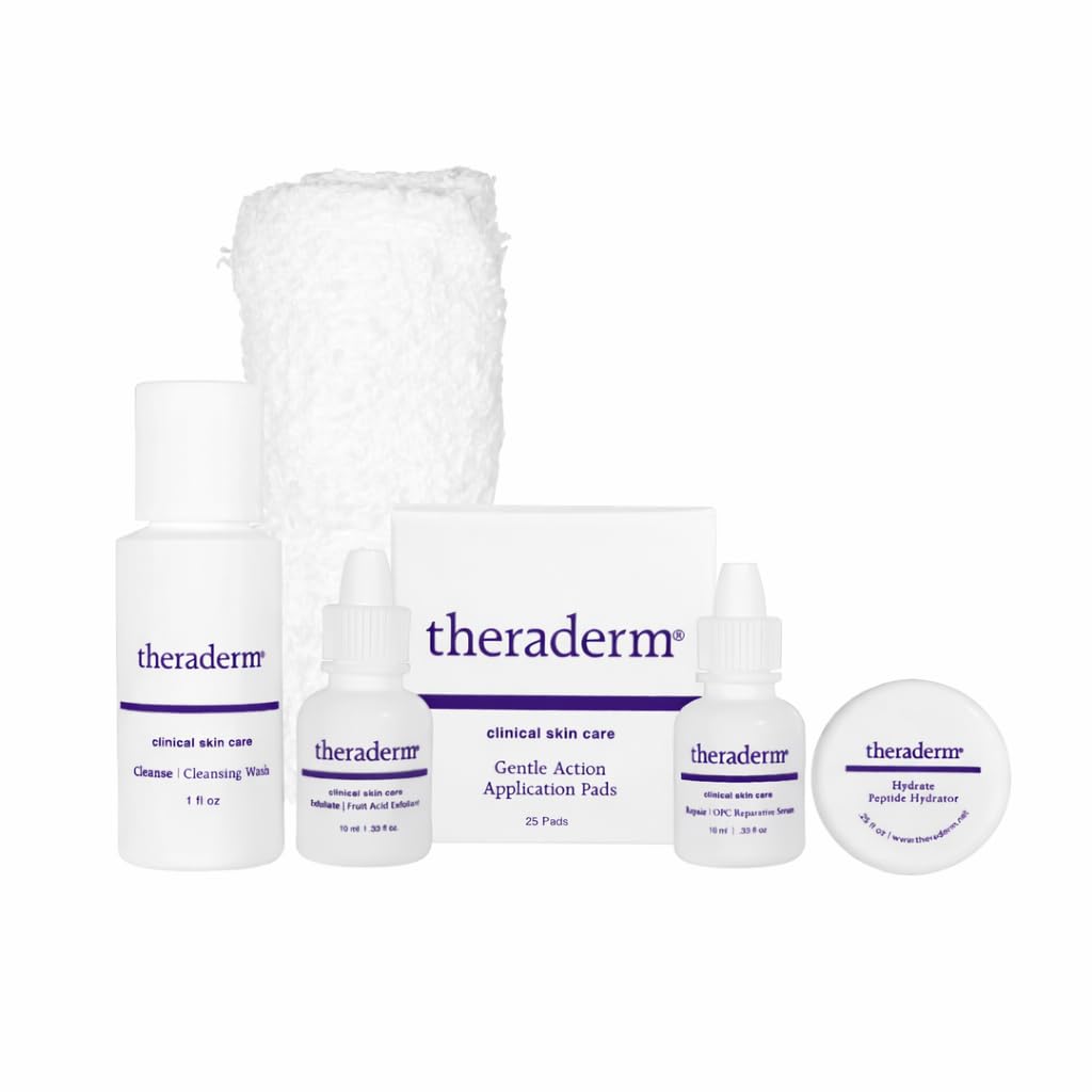 Theraderm Skin Renewal Travel System with Peptide Hydrator–TSA-Friendly 4-Step Skincare Kit with Lactic Acid Exfoliant, Antioxidant Serum & Peptide