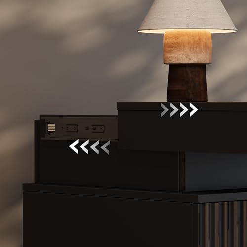 Image of Fluted Nightstand with Hidden Charging Station, LED Light, USB Ports, AC Outlets, Sliding Top, 3 Drawer Storage, Modern Bedside Table for Bedroom, Black