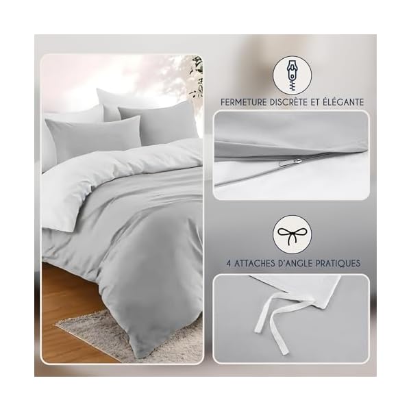 Dreamzie - Housse de couette 240 x 220 cm avec 2 taies d'oreiller 65 x 65 cm - Gris clair/blanc - Parure de lit 240 x 220 cm 100 % microfibre - 3 pièces - Certifiée sans produits chimiques (Oeko-Tex)