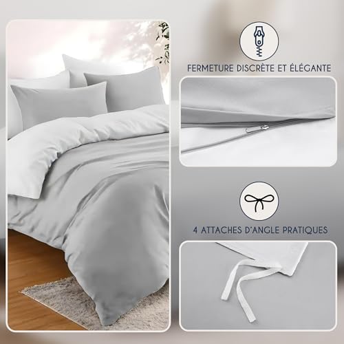 Parure de lit 240x220 gris clair blanche 3 pièces housse de couette microfibre