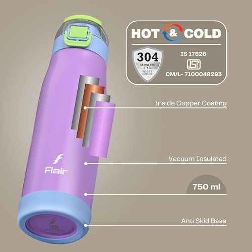 Image of FLAIR Sprint 750ml Vacuum Insulated Water Bottle - 304 Stainless Steel, Double Wall Thermos Flask, Leak-Proof, BPA-Free (Purple)