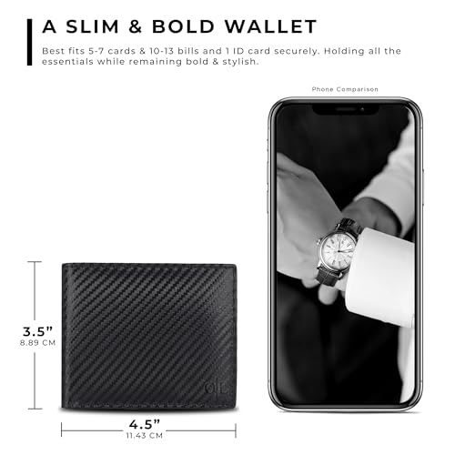 Image of Oak Leathers Slim Leather Wallet for Men - RFID Blocking Slim Minimalist Front Pocket - Thin & Stylish with ID Window, Gift For Men(Black Carbon /Green)