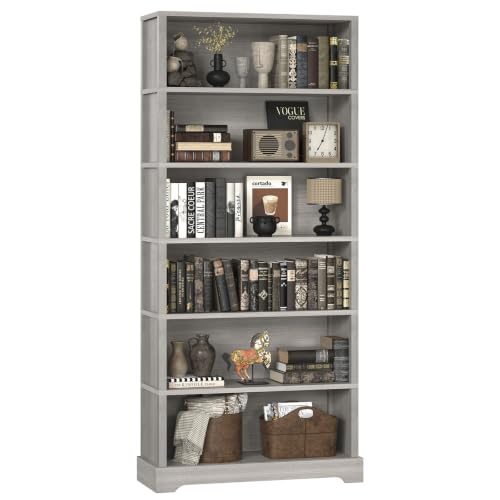 Image of TVU 6-Tier Wooden Bookshelf, 77.2 inch Tall Farmhouse Style Open Bookcase, 31.5 inch W Standing Book Shelf with Storage, Suitable for Study, Living Room, Office, Grey