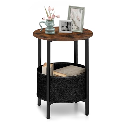 COSTWAY Small Round Side Table, 2-Tier Nightstand Sofa End Table with Fabric Storage Basket, Metal Frame Wooden Coffee Snack Tea Bedside Table for Living Room and Bedroom (Rustic Brown+Black)