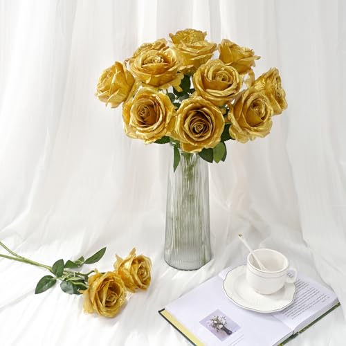 Waipfaru 16 Pcs Fake Gold Roses Artificial Flowers with Long Stems, Rose Bouquet Silk Faux Flowers for Valentines Wedding Party Vase Centerpiece Home Decor (Gold) - Thumbnail 3