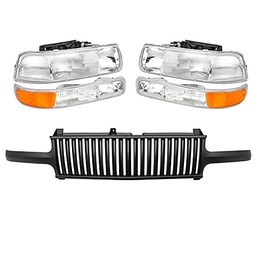 A&P Matt Black Grille Grill + Chrome Housing Clear Lens Headlight with Bumper Lamps for 99-02 Chevy Silverdo 00-06 Tahoe Suburban