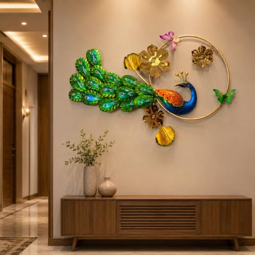 Image of SHREE 'O' GREEN TECH - Handcrafted Decorative Metal Peacock Wall Art Golden Leaf Frame Showpiece Multicolor Decor for Home Living Room Drawing Room Bedroom (Size 41x25 Inch)