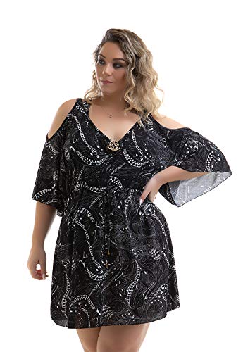 Saída de Praia Plus Size Preta Estampada Graflower-48
