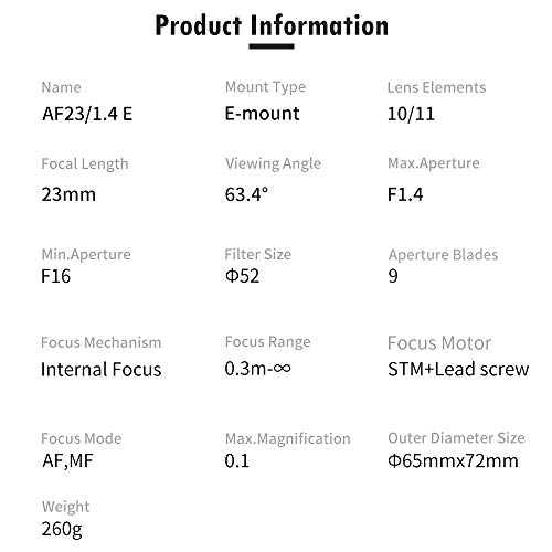 VILTROX 23mm F1.4 Objetivo Auto Focus Lenses for Sony E Mount Camera Objectif Lentes de cámara estándar FE Lente Compatible para Sony a7 a7C a7III a7RIII a7RIV a7RV a9 a6100