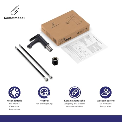 Kometmöbel Gäste-WC Waschtisch Set 40 cm Vormontiert Klein Waschbecken mit Unterschrank (Eiche 40cm, Mit Wasserhahn Schwarz)