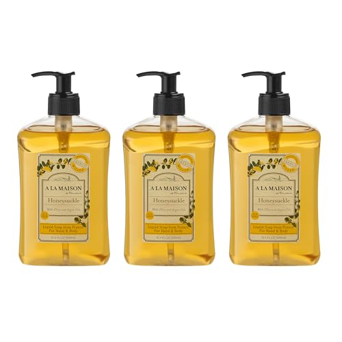 A LA MAISON Honeysuckle French Liquid Hand Soap - Natural Hand Wash Made with Essential Oils - Biodegradable, Plant-Based, Vegan, Cruelty-Free, Alcohol & Paraben Free (16.9 oz, 3 Pack)