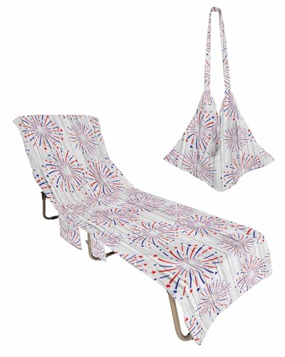 Fireworks 4th of July Beach Chair Towel Covers for Chaise Lounge With Side Pocket, Soft Plush Pool Towels Cover for Patio Sunbathing Outdoor 29''x85'' Red Blue Farmhouse Woodgrain