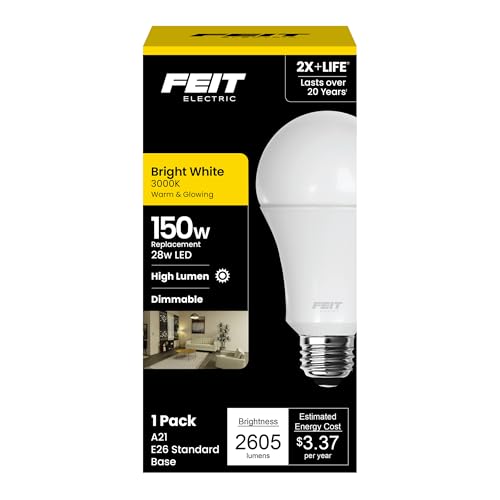 Feit Electric A21 LED Light Bulb, 150W Equivalent, Dimmable, 2605 Lumens, E26 Standard Base, 3000K Bright White, 80 CRI, High Output LED Light Bulb, Damp Rated, 25,000-Hour Lifetime, OM150DM/830/LED
