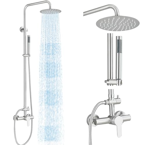 MOSSON Rain Shower System Outdoor Shower Fixtures with 8' Rain Shower Head Handheld Sprayer Single Handle Wall Mounted Bathroom Shower Faucet Set Brushed Nickel for Bathroom or Backyard