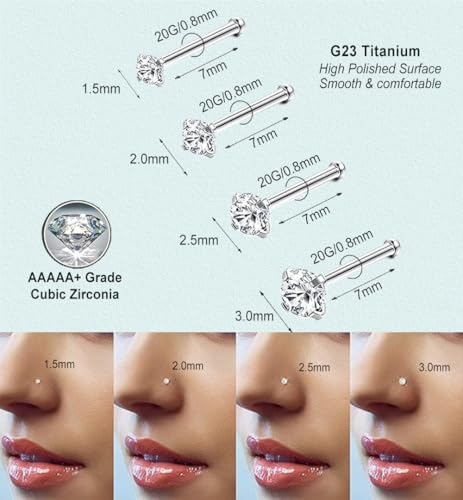 Nose Rings Studs G23 Titanium 20G Nose Studs for Women Men 18G Nose Rings Hoop Hypoallergenic Nose Piercings Jewelry 1.5/2/2.5/3 mm CZ L Shape Nose Screw Studs Hoop Rings for Helix Cartilage2
