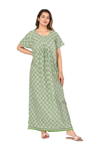 Image of Kuruti B Sheets Cotton Nighty for Women Jaipuri Print 2 Button Round Neck Short Sleeve Night Gown | Maxi Dress