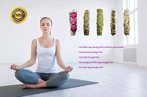 Smudge Sticks Sampler - 1 White Sage with Rose and Lavender, 1 Rosemary, 1 Cedar, 1 Sweetgrass White Sage and 1 Black Sage