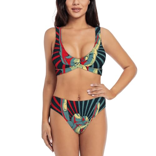 Traje de baño de dos piezas de cintura alta con estampado de rock and roll, conjunto de bikini para mujer, bikini triangular de corte alto, Negro, XXL