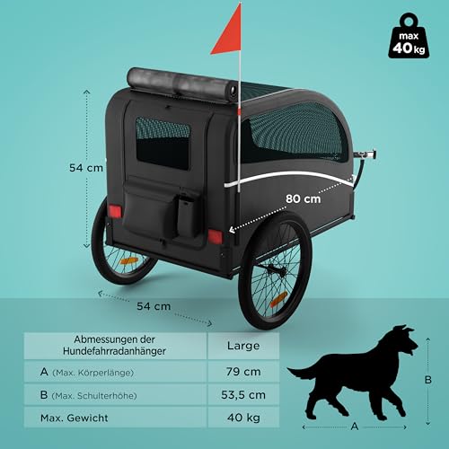 Trevopet® Hundeanhänger für Fahrrad – Faltbarer Hundefahrradanhänger mit Kupplung & Reflektoren – Fahrradanhänger Hunde bis 40 kg – Wasserdicht – Kompatibel mit E-Bikes – Schwarz
