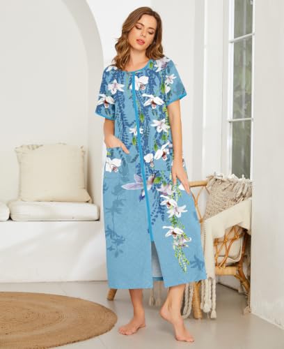 Image of Ekouaer Women Robe Zipper Short Sleeves Full Length House Coat with Pockets