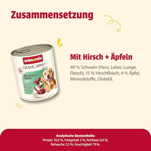 animonda GranCarno Hunde Nassfutter mit Hirsch + Äpfeln (6 x 800 g), getreidefreies Hundenassfutter ohne Zucker, für ausgewachsene Hunde, mit frischen fleischigen Zutaten