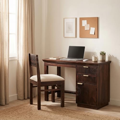 Image of NSH Solid Sheesham Wood Study Table with Chair | Wooden Writing Desk with Drawer & Door Storage | Pre-Assembled Computer Desk Workstation for Home Office & Study Room | Walnut Finish