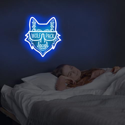 Image of Wolf Pack Family Neon Sign, Wild Animal Birthday Gift, Family Reunion LED Light, Animal Lover Decor, Wolf Lovers Gift, 14.4 inchx13 inch, Blue+Ice Blue