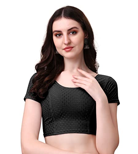 Image of Mogsa Stylish Cotton Saree Blouse for Women | Soft Dobby Stretch Fabric | Round Neck | Stitched Blouse for Party, Casual & Festive Use