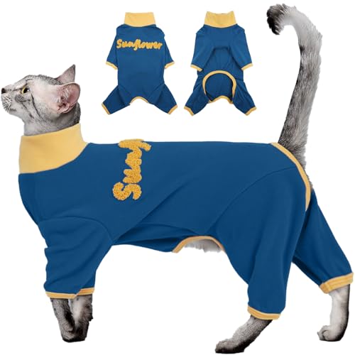 DENTRUN Cat Cloth with Leg, Elastic Cat Turtleneck Hair Sticky Onesie, Warm Cats Coat Jumper Female Male Prevent Hair Spreading, Park (Blue, XL)