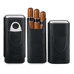 COOL KNIGHT Leather Cigar Case – Cedar Wood Lining Travel Humidors for Cigars – Cigar Accessories Include Stainless Steel Cigar Cutter – Cigar Gift Box for Cigar Lovers (Black)