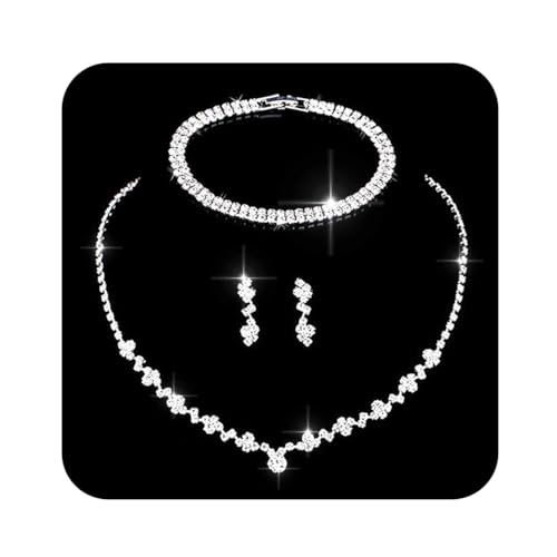 Ushiny Bridal Jewellery Set Silver Wedding Rhinestone Necklace Earrings Bracelets Set Cubic Zirconia Jewellery Set Bridesmaid Jewelry Set for Women and Girls
