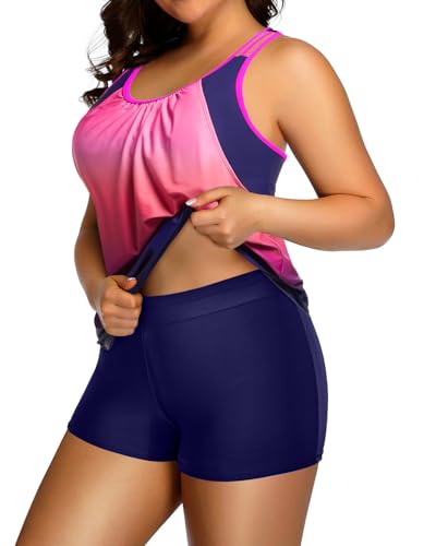 Image of Womens Plus Size Tankini Swimsuit Two Piece Tummy Control Bathing Suit | Blouson Racerback Tankini Top with Shorts, Double Up Design, Removable Pad