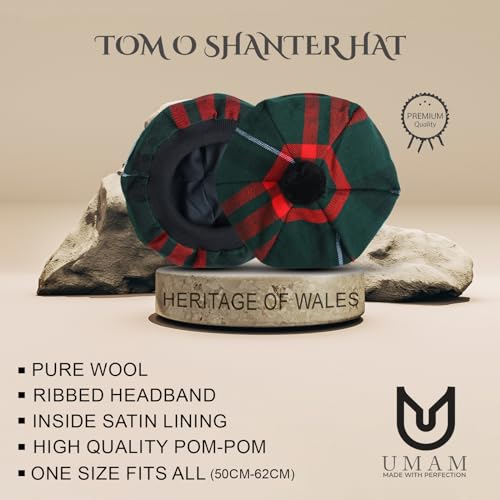 Image of Scottish Tam O' Shanter Hat Tartan Bonnet Pom Pom Wool Flat Cap One Size