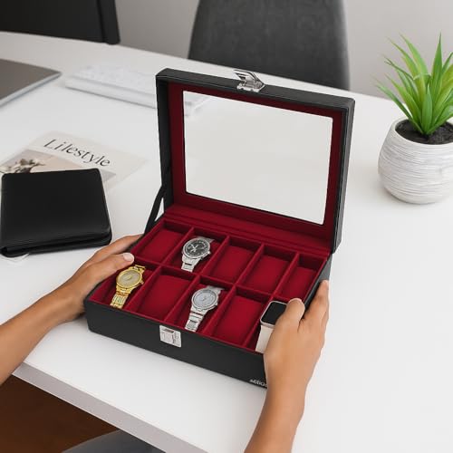 Image of Luxury Watch Box in Leatherette and Suede (Wine pearl)